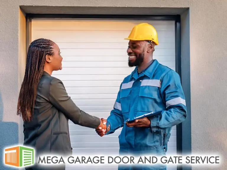 technician with hard hat shaking hands with satisfied customer garage door repair