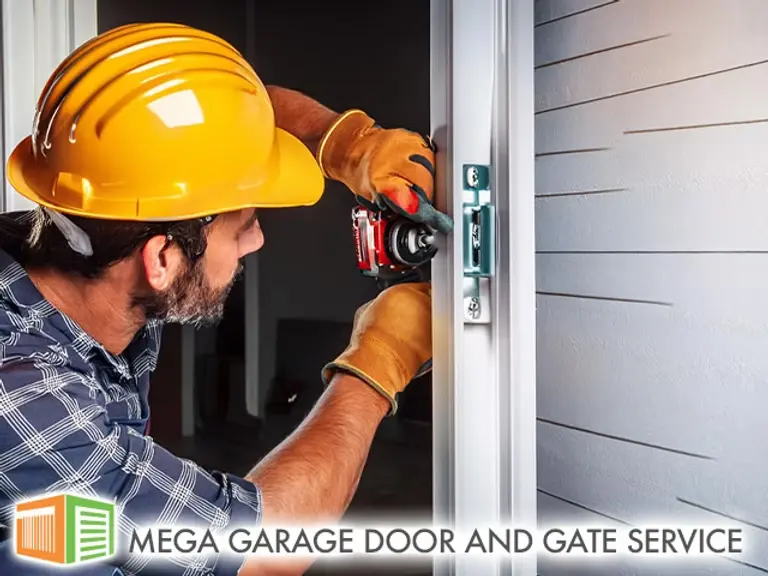 professional technician with hard hat working performing expert installation of garage door opener